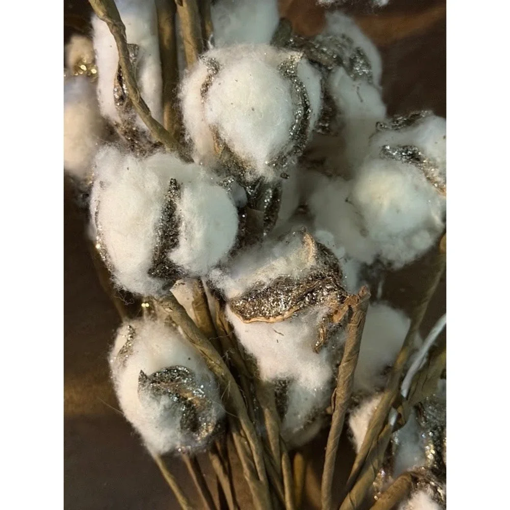 Blooming Holiday Cotton Boll Teardrop Stems Glitter Farmhouse Decor Set of 2 NWT